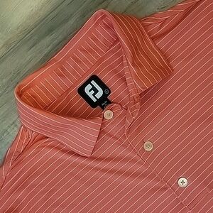FootJoy FJ Golf Polo Shirt Men Large Pink White Striped Short‎ Sleeve Pullover